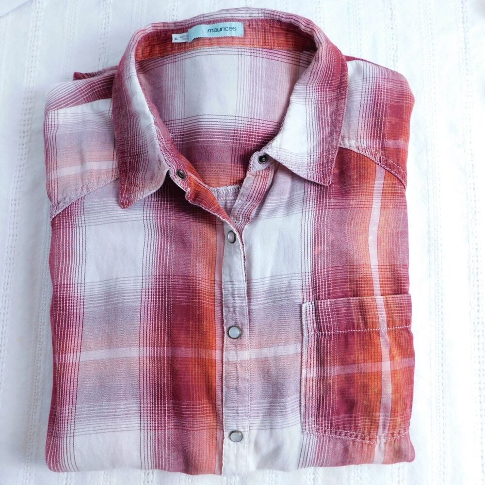 Maurices Shirt XL Plaid Brushed Cotton Pearl Snap Red Orange White Long Sleeve - Picture 16 of 16